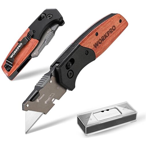 WORKPRO WP211035 Ağır Hizmet Çelik/Ahşap Gövde Katlanır Rötuş Maket Bıçağı + 11 Adet Yedek Bıçak. ürün görseli