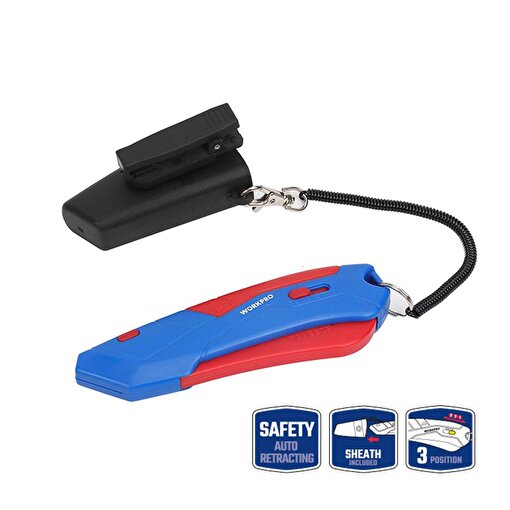 WORKPRO WP213010 Kemer Askı Kancalı Otomatik Geri Çekilebilir Mandallı Rötuş Maket Bıçağı + 3 Adet Yedek Bıçak. ürün görseli