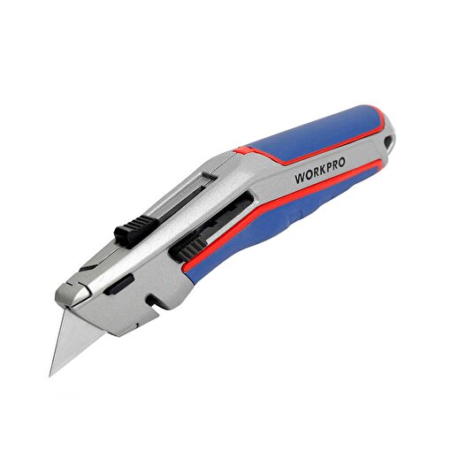 WORKPRO WP213015 Ağır Hizmet Alüminyum Gövde Otomatik Geri Çekilebilir Rötuş Maket Bıçağı + 5 Adet Yedek Bıçak. ürün görseli