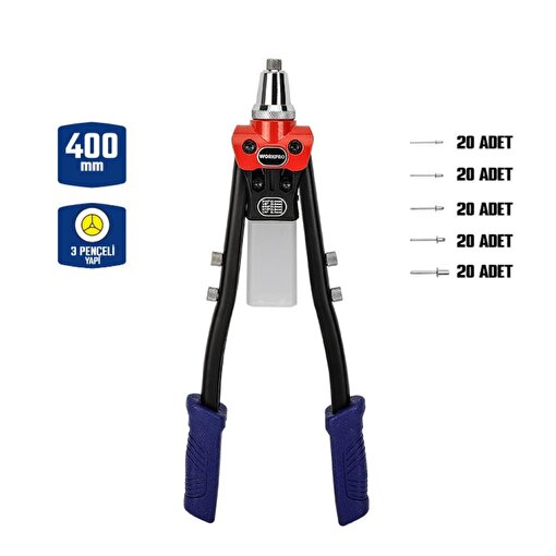 WORKPRO WP225001 5 IN 1 400mm Kollu Profesyonel Perçin Tabancası + 100 Adet Perçin. ürün görseli