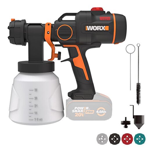 WORX WX020.9 20Volt Kömürsüz Devir Ayarlı Boya Tabancası + 4 Parça Yedek Nozul/Meme (Akü Dahil Değildir). ürün görseli