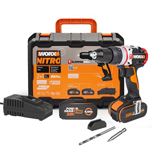 WORX WX354.4 20Volt/4.0Ah Li-ion Çift Akülü Kömürsüz Profesyonel Şarjlı Darbeli Matkap. ürün görseli