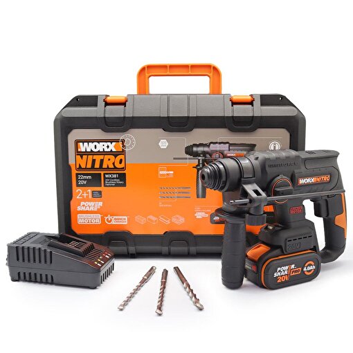 WORX WX381 20Volt 4.0Ah. 2J Li-ion Tek Akülü Şarjlı Profesyonel SDS-Plus Pnömatik Kırıcı/Delici + 3 Parça Delme Ucu . ürün görseli