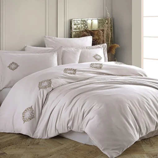 Picture of Hobby Premium Azra Beige - Poplin Double Embroidered Duvet Cover Set