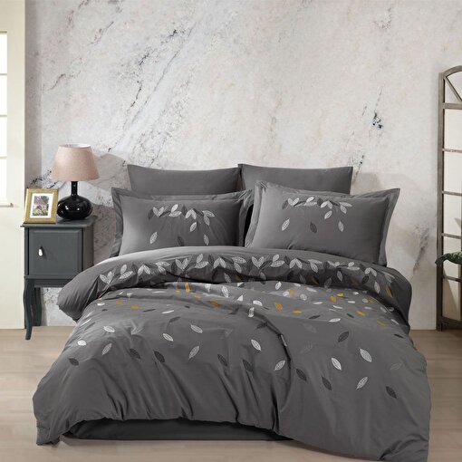 Hobby Premium Lidia Gri - Poplin Çift Kişilik Nakışlı Nevresim Takımı. ürün görseli