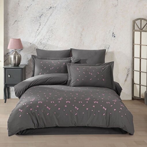 Hobby Premium Spring Gri - Poplin Çift Kişilik Nakışlı Nevresim Takımı. ürün görseli