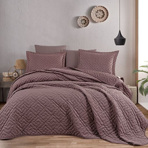 Picture of Hobby Silvana Fitilli Kadife Yatak Örtüsü - Geometrik - Gülkurusu