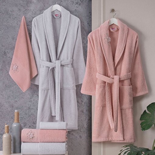 Hobby Line - Pamuklu Bornoz Seti - Pembe Gri. ürün görseli
