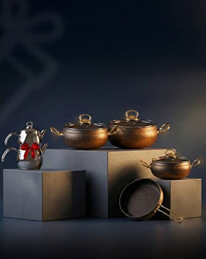 Hascevher Daisy 7 Pcs Güveç Granit Cam Kapaklı İle Birlikte + Hascevher Çiğdem Orta Çaydanlık Hediye. ürün görseli