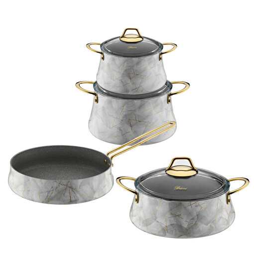 Marble 7 Parça Yanmaz Yapışmaz Beyaz Granit Tencere Seti . ürün görseli