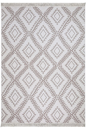 Koza Home Duo Beyaz Bej Yıkanabilir Çift Taraflı Balkon Halısı Geometrik Yazlık Dokuma Halı ve Kilim 80 x 300. ürün görseli