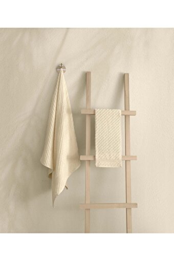 Picture of Koza Home Likya 100% Cotton Jacquard Border Cream 2-Piece Dowry Towel Set Cross Striped 1018A 70 x 140 - 50 x 90