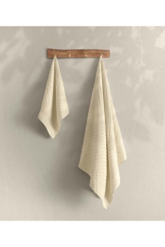 Picture of Koza Home Likya 100% Cotton Jacquard Border Cream 2-Piece Dowry Towel Set Herringbone 1029A 70 x 140 - 50 x 90