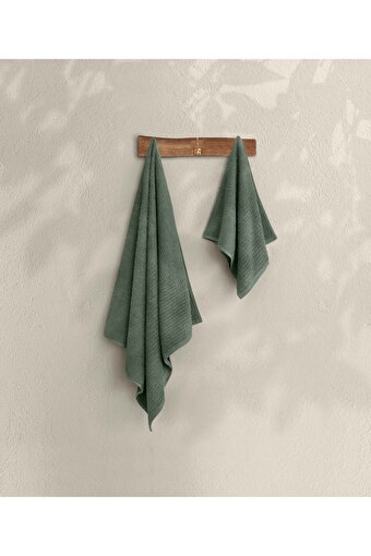 Picture of Koza Home Likya 100% Cotton Jacquard Plain Striped Green 2-Piece Dowry Towel Set 1034A 90 x 150 - 50 x 90