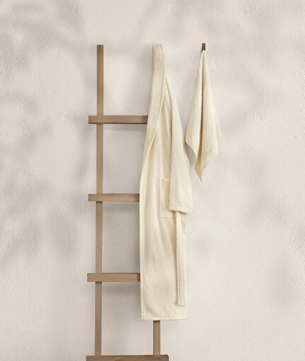 Picture of Koza Home Likya 100% Cotton Cream Dowry Bathrobe Set of 2 1 Bathrobe 1 Towel 1053A L-XL