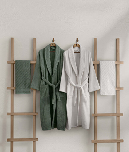 Picture of Koza Home Likya 100% Cotton Green-White 4-Piece Dowry Family Bathrobe and Towel Set 2 Bathrobes 2 Towels 1060A Standard