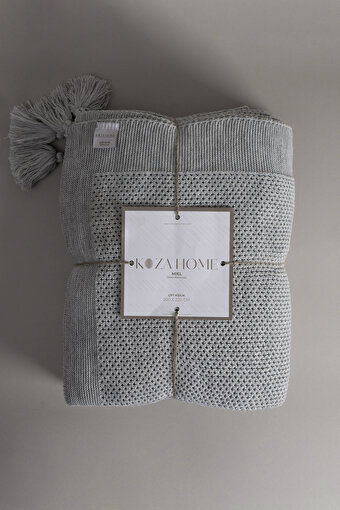 Picture of Koza Home Miel Gray Double Blanket with Pom Pom Edge 200x220 37105 Double