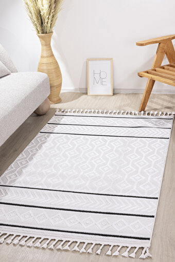 Picture of Koza Carpet Malta Scandinavian Cream Black Carpet Living Room Bedroom Hallway Kitchen Machine Rug 33405A 60 x 100