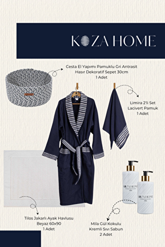 Picture of  Koza Home Dowry Set Navy Blue Mini, Bathroom Set, Single Bathrobe and Towel, Foot Towel, Wicker Basket and 2 Soaps