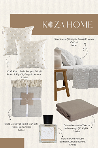 Picture of  Koza Home Dowry Set Cream Midi, Bedroom, Bedspread, Duvet Cover Set, Blanket, 2 Cushions, Room Fragrance