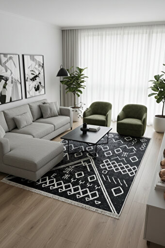 Lorvian Noletti  Siyah Geometrik Desen Çift Taraflı Makinede Yıkanabilir Ev İçi & Dış Mekan Uyumlu Günlük Kullanıma Uygun Kilim. ürün görseli