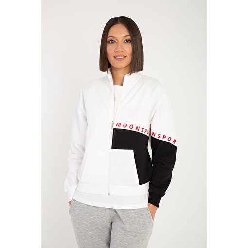 MoonSports Olivia Kadın Fermuarlı Beyaz Siyah Sweatshirt,ECRU SİYAH,S. ürün görseli