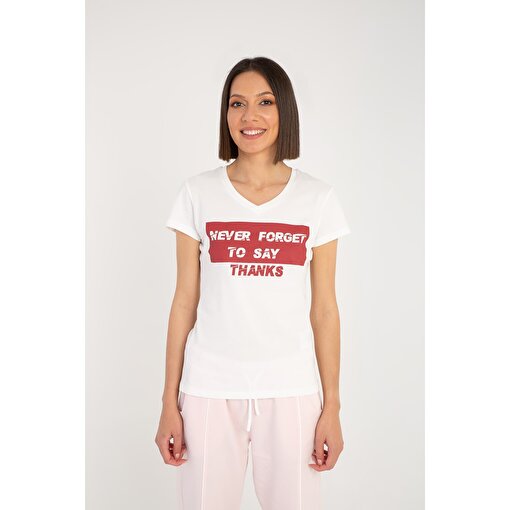 MoonSports Lili Kadın Never Forget Baskılı  Tshirt,KIRMIZI,S. ürün görseli