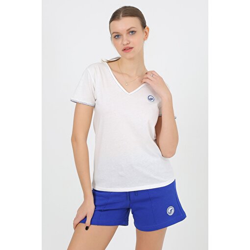 MoonSports Moonsports Kadın V Yaka Dikişli Tshirt,Beyaz Mavi,M. ürün görseli