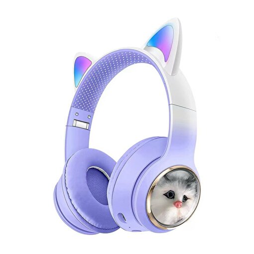 SHAZA Kulak Üstü Bluetooth Kedili Çocuk Kulaklık -Mor. ürün görseli