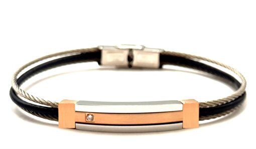 Picture of Welch Steel Welch Men's Stainless Steel Rope Stone Detailed Black Leather Bracelet