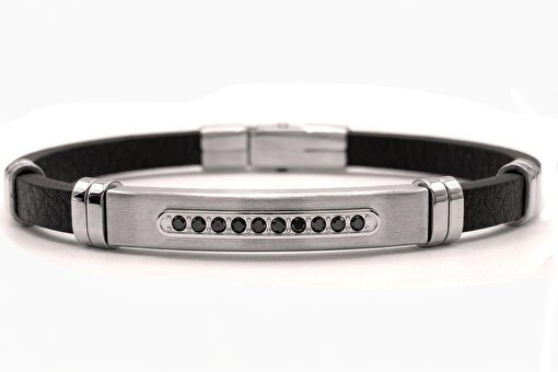 Picture of Welch Steel Welch Stainless Steel Men Stone Detailed Leather Bracelet