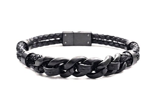 Picture of Welch Steel Welch Men's Stainless Steel Chain Leather Bracelet