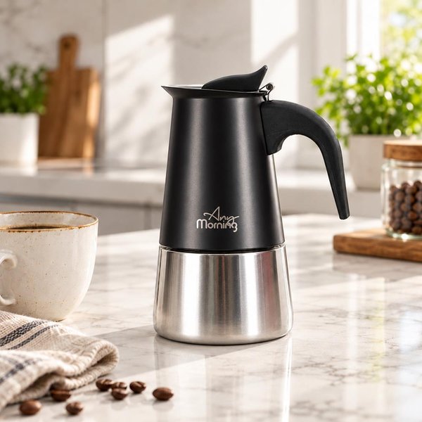 Any Morning 300 ml Paslanmaz Çelik Moka Pot  İndüksiyon Uyumlu Siyah FE001-6. ürün görseli