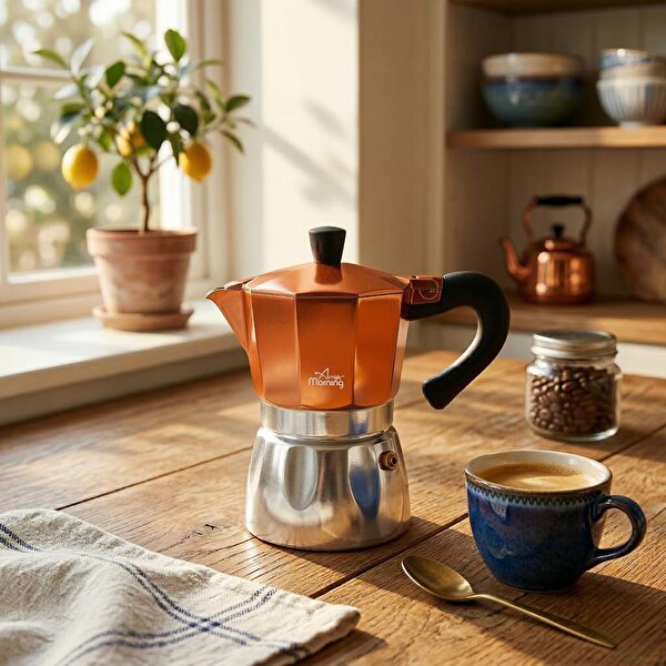 Any Morning 240 ml Alüminyum Moka Pot Espresso Kahve Makinesi Bakır Renk HES-6. ürün görseli