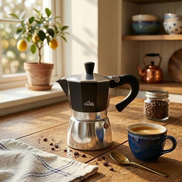 Any Morning 240 ml Alüminyum Moka Pot Espresso Kahve Makinesi Siyah HES-6. ürün görseli