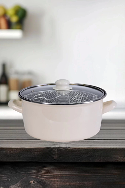 Picture of PR Home Enamel Glass-Lid Frying Pot 24 cm Cream