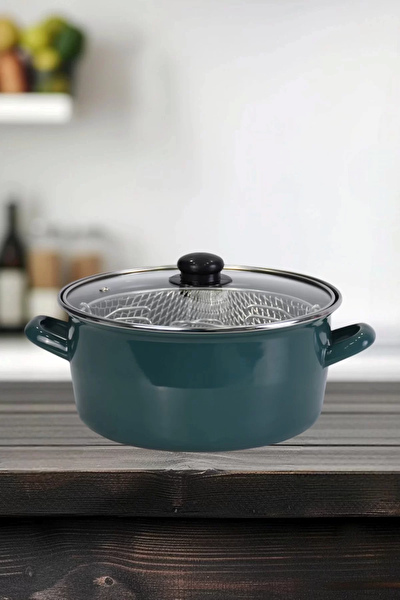 Picture of PR Home Enamel Glass-Lid Frying Pot 24 cm Petrol Green