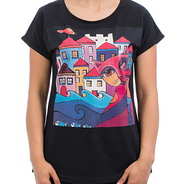 Biggdesign Owl And City Siyah Kadın T-Shirt. ürün görseli