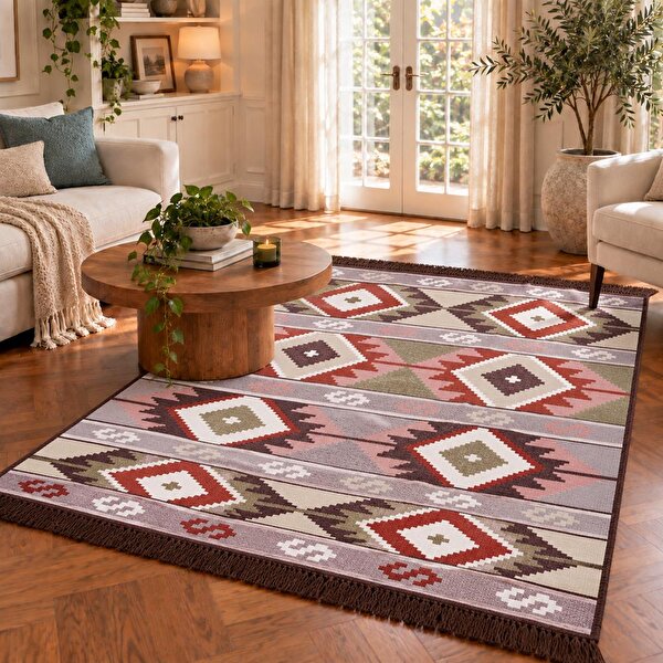 Bigghome SA1583B Çift Taraflı Kilim 120*180 cm, Makinede Yıkanabilir, Etnik Desenli. ürün görseli