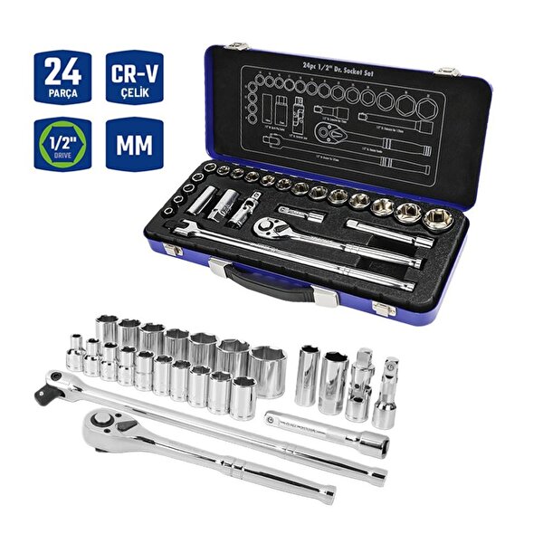Picture of WORKPRO WP202564 1/2'’ Cr-V 24 Parça Metrik Ağır Hizmet Lokma Takımı 