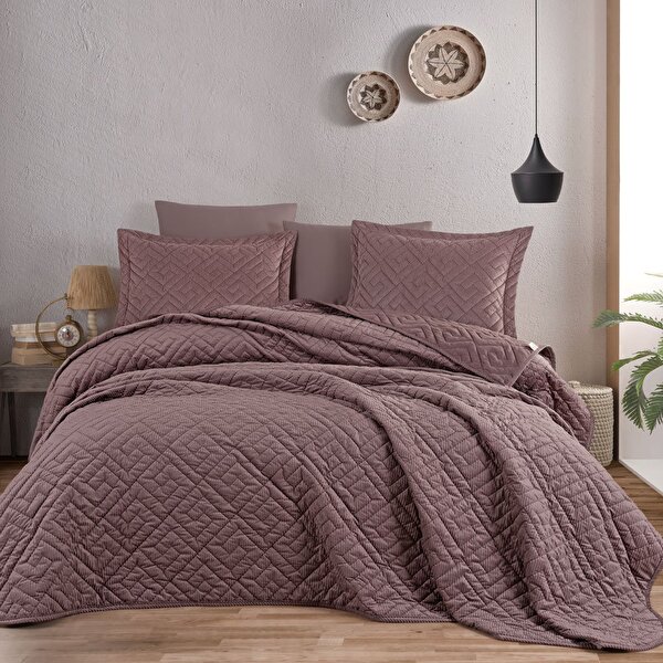 Picture of Hobby Silvana Fitilli Kadife Yatak Örtüsü - Geometrik - Gülkurusu