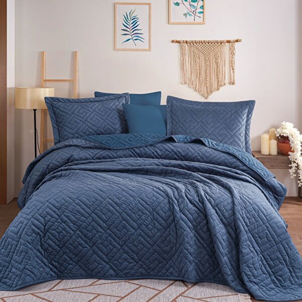 Picture of Hobby Silvana Fitilli Kadife Yatak Örtüsü - Geometrik - Indigo