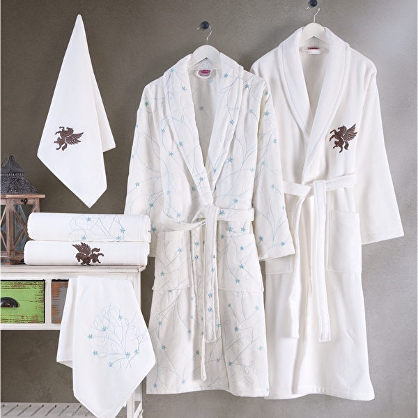 Picture of Hobby Nazende - Water Green Embroidered Cotton Bathrobe Set