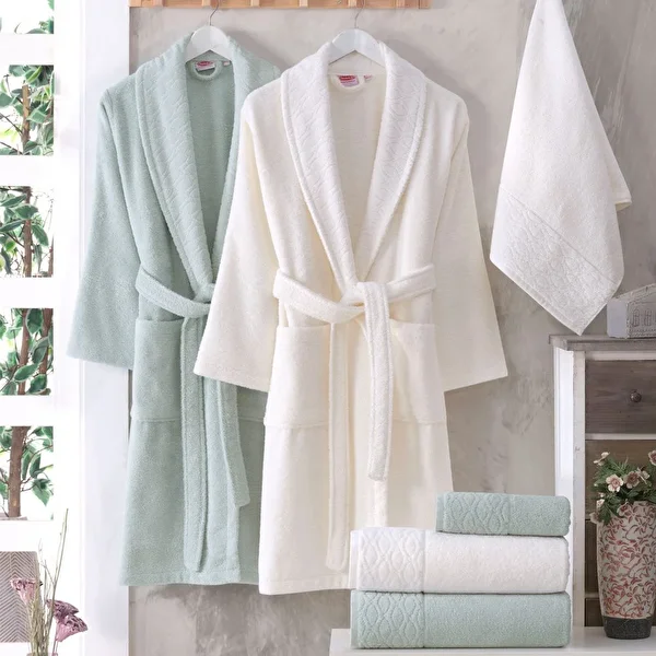 Picture of Hobby Elegance - Cotton Bathrobe Set - Aqua Green Cream