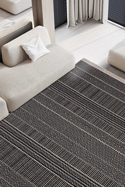 Picture of Koza Halı Rosso Black Woven Sisal Rug Jute Rug Kilim Living Room Sitting Room Bedroom Hallway Rug 23041A 60 x 100