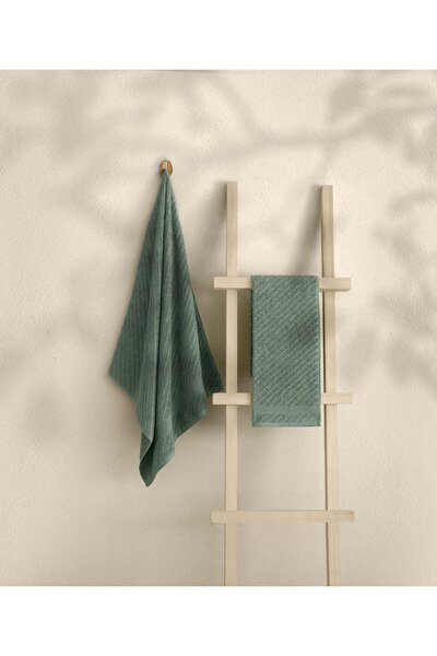 Picture of Koza Home Likya 100% Cotton Jacquard Border Green 2-Piece Dowry Towel Set Cross Striped 1015A 90 x 150 - 50 x 90