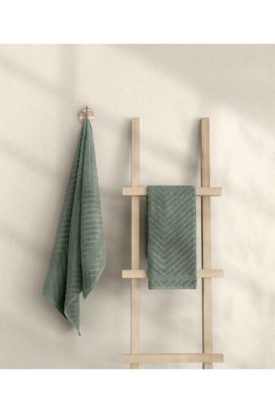 Picture of Koza Home Likya 100% Cotton Jacquard Border Green 2-Piece Dowry Towel Set Herringbone 1026A 70 x 140 - 50 x 90