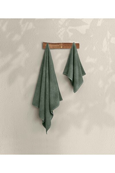 Picture of Koza Home Likya 100% Cotton Jacquard Plain Striped Green 2-Piece Dowry Towel Set 1034A 90 x 150 - 50 x 90