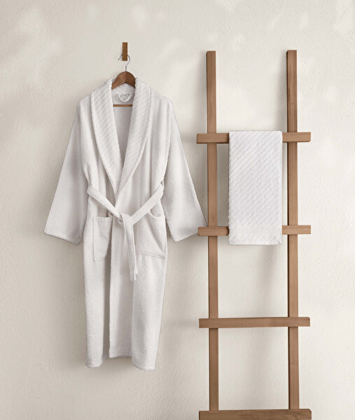 Picture of Koza Home Likya 100% Cotton White Dowry Bathrobe Set of 2 1 Bathrobe 1 Towel 1054A SM