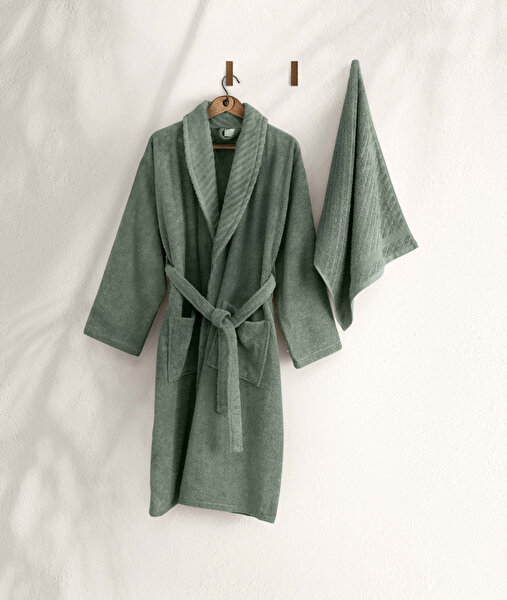 Picture of Koza Home Likya 100% Cotton Green Dowry Bathrobe Set of 2 1 Bathrobe 1 Towel 1050A L-XL